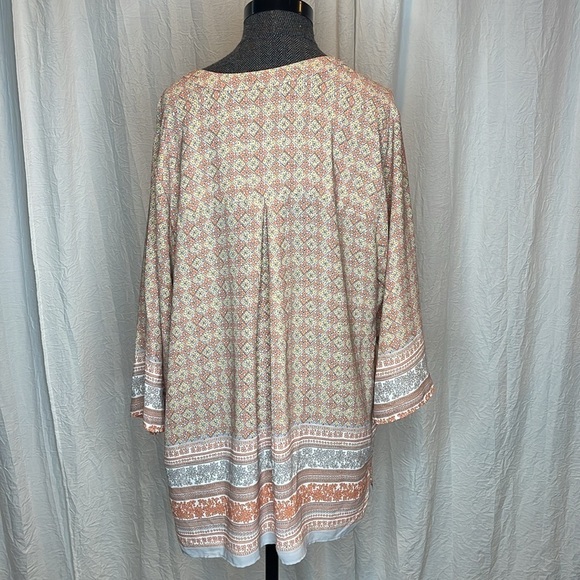 Rose Olive Top Women 2X Plus Orange Blouse 3/4 Sleeve Bohemian Floral Long Line - Picture 7 of 7